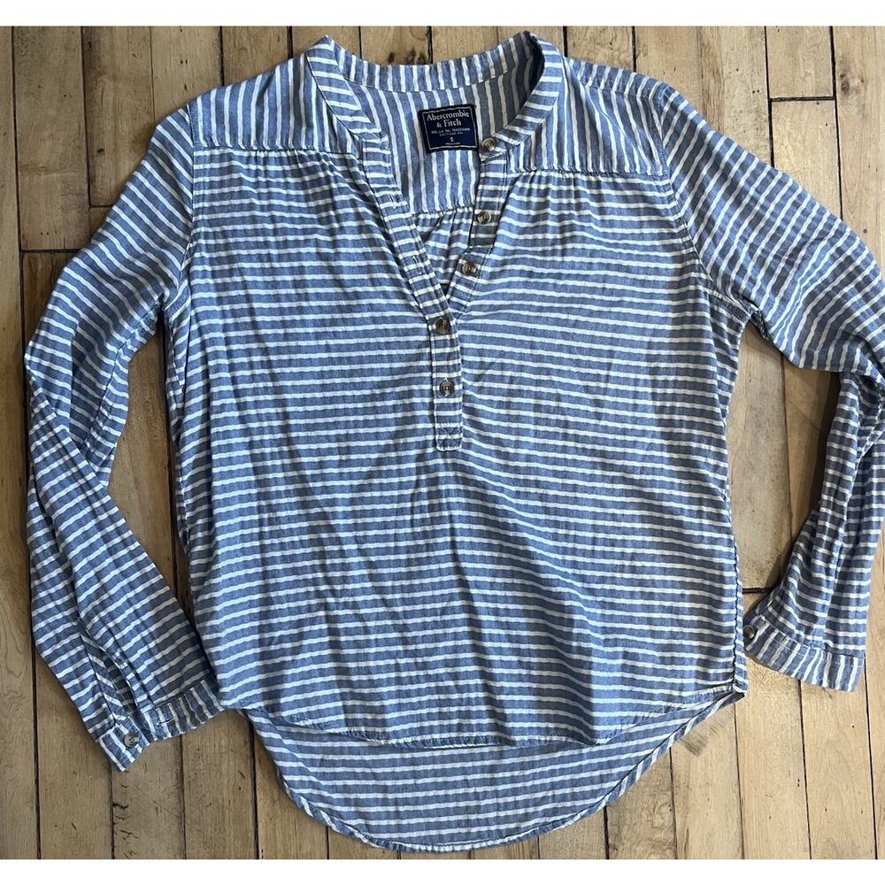 Abercrombie & Fitch Striped Henley Top Womens S Cotton Blue White Boho Coastal